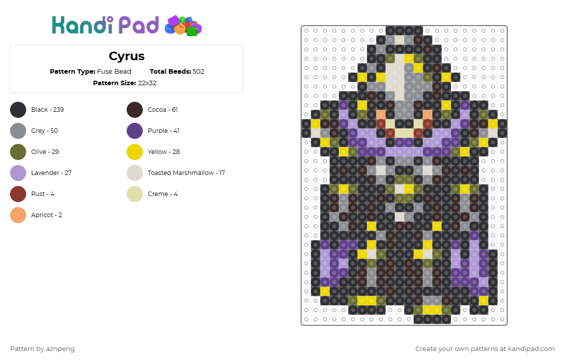 Cyrus - Fuse Bead Pattern by aznpeng on Kandi Pad - black,brown,gray,gold,purple,colorful