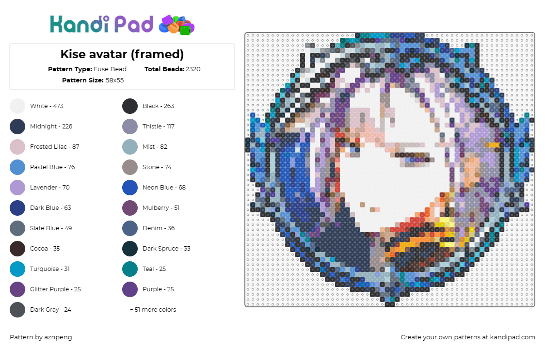 Kise avatar (framed) - Fuse Bead Pattern by aznpeng on Kandi Pad - kise,epic seven,character,portrait,video game,white,purple,blue