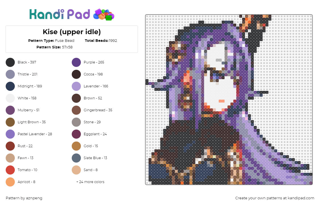 Kise (upper idle) - Fuse Bead Pattern by aznpeng on Kandi Pad - kise,epic seven,video game,character,anime,purple