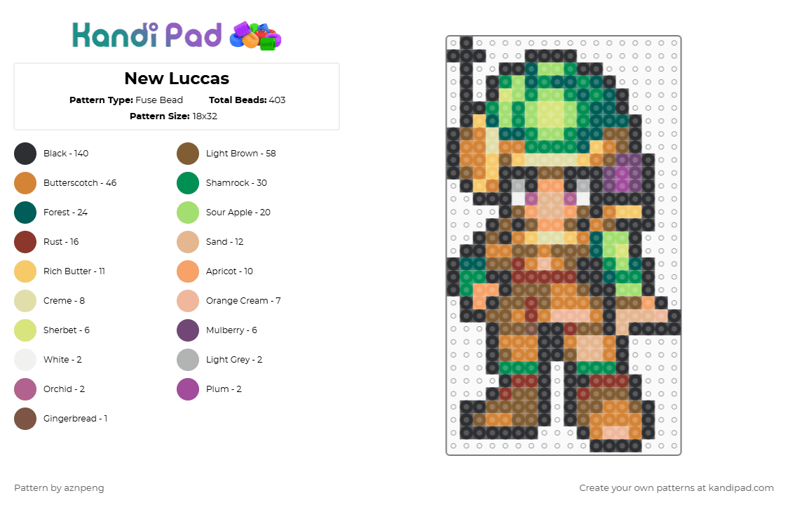 New Luccas - Fuse Bead Pattern by aznpeng on Kandi Pad - green,orange,tan