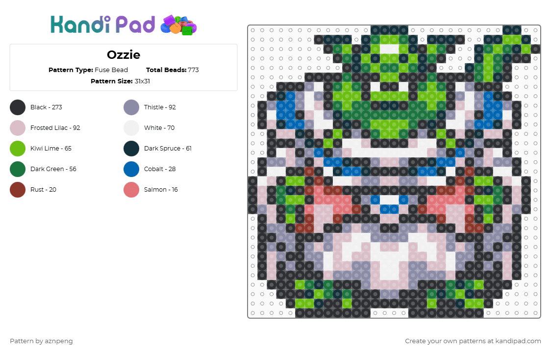 Ozzie - Fuse Bead Pattern by aznpeng on Kandi Pad - green,gray,beige