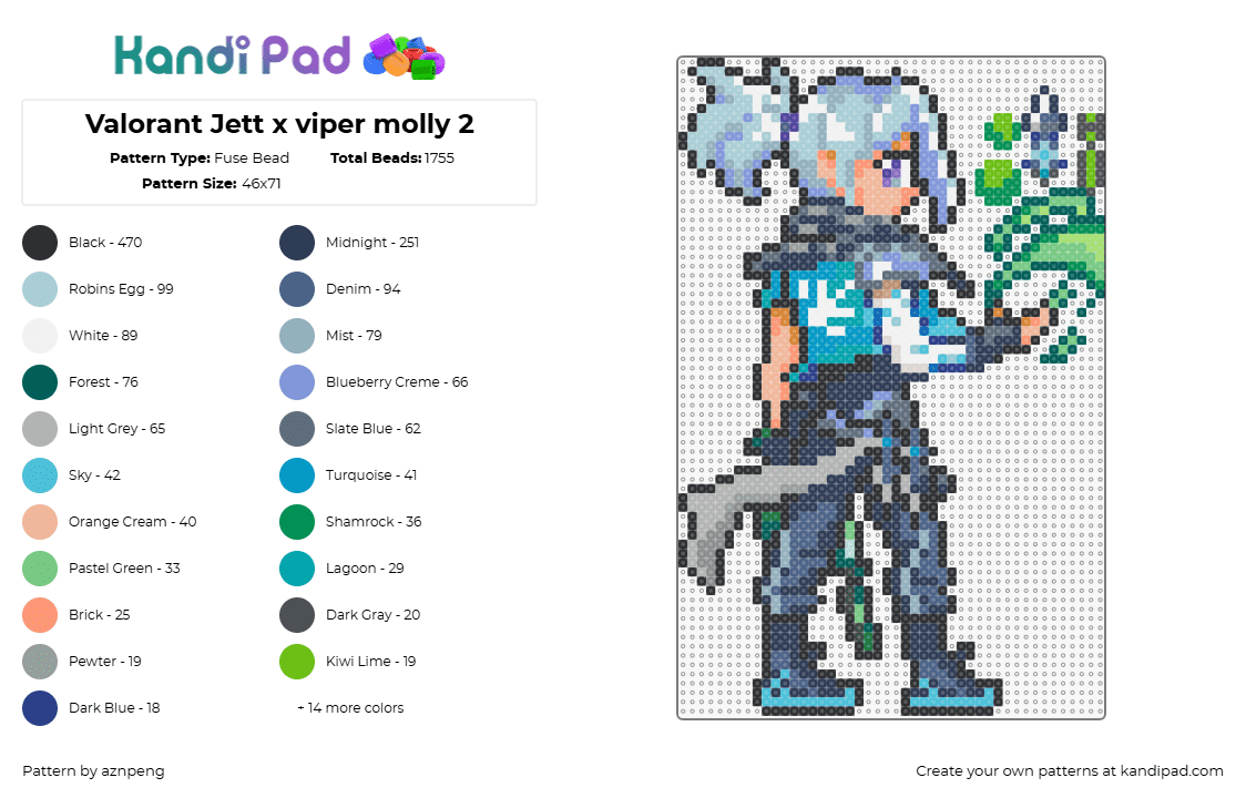 Valorant Jett x viper molly 2 - Fuse Bead Pattern by aznpeng on Kandi Pad - jett,valorant,character,video game,teal,gray,green