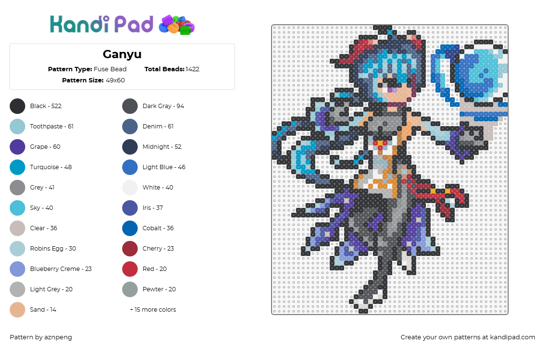 Ganyu - Fuse Bead Pattern by aznpeng on Kandi Pad - ganyu,genshin impact,character,video game,teal,purple,gray