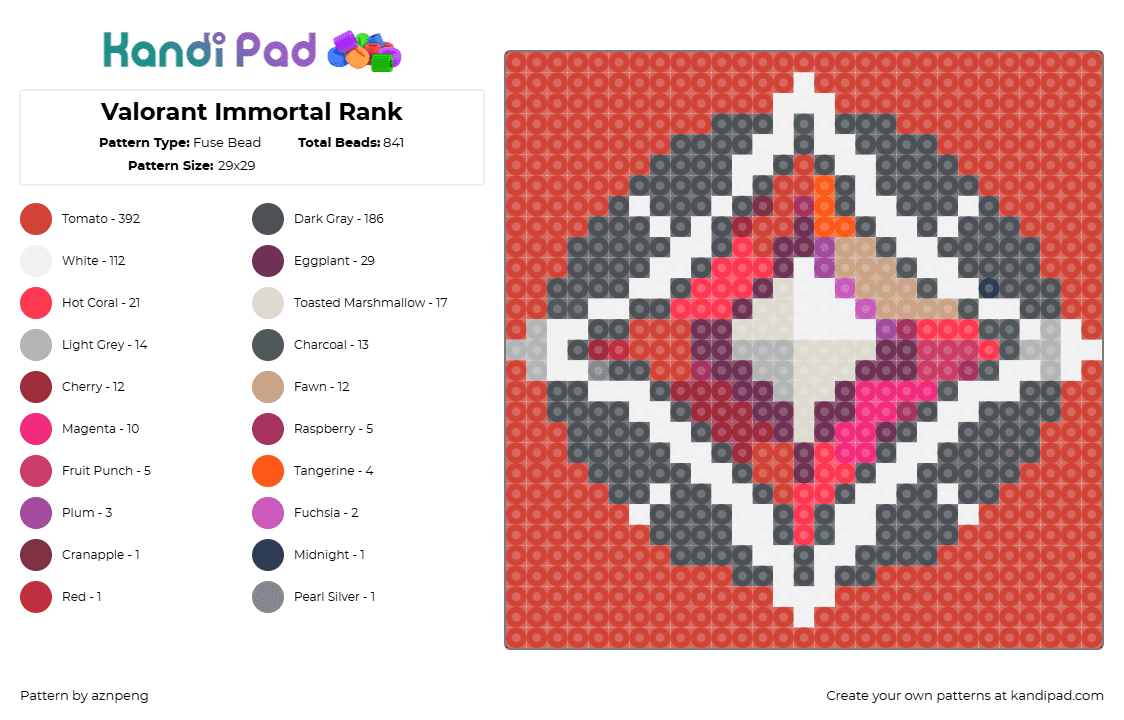 Valorant Immortal Rank - Fuse Bead Pattern by aznpeng on Kandi Pad - immortal,valorant,rank,symbol,diamond,video game,red,gray