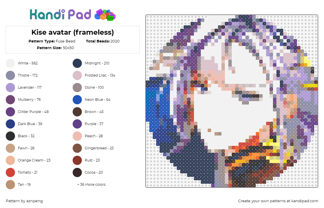 Kise avatar (frameless) - Fuse Bead Pattern by aznpeng on Kandi Pad - kise,epic seven,character,portrait,video game,white,purple