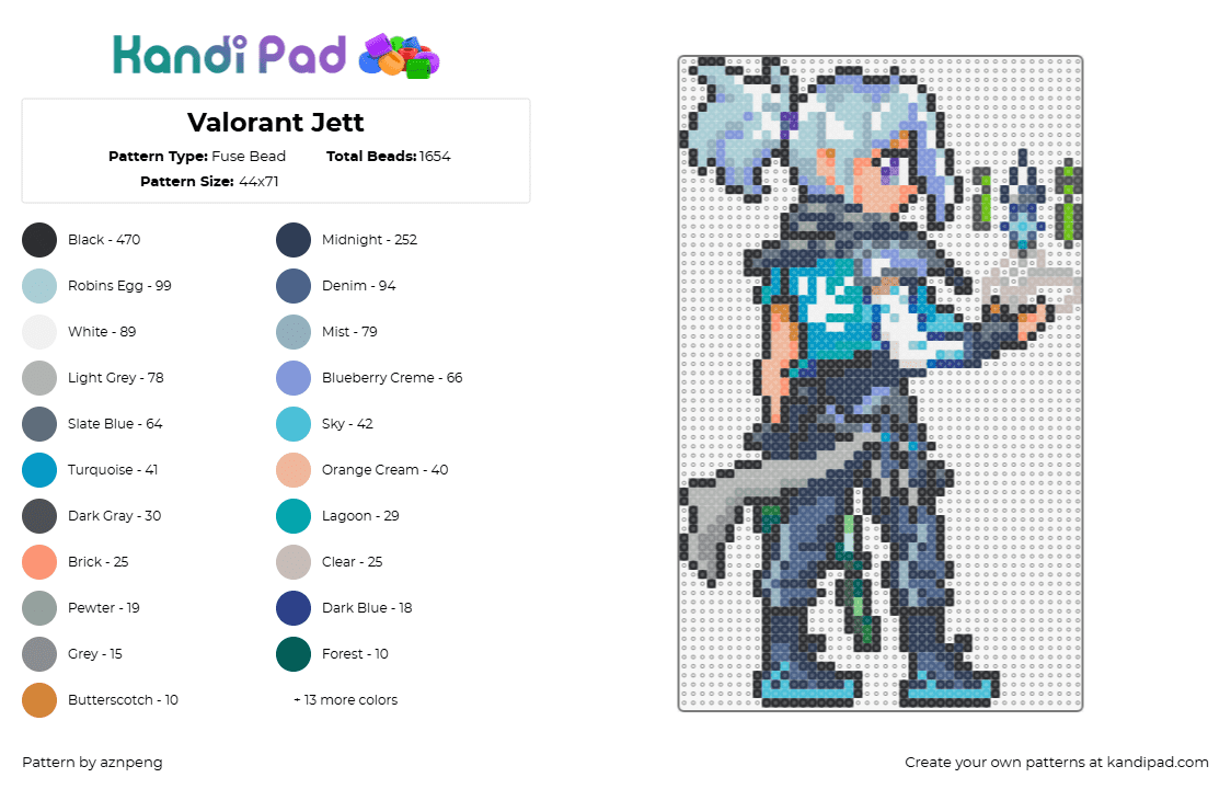 Valorant Jett - Fuse Bead Pattern by aznpeng on Kandi Pad - jett,valorant,character,video game,teal,gray