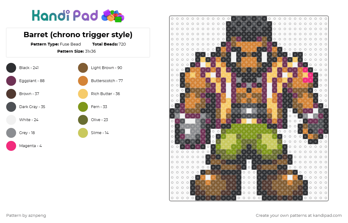 Barret (CT) - Fuse Bead Pattern by aznpeng on Kandi Pad - barret,final fantasy,character,video game,rpg,gaming,pink,tan,gray,colorful