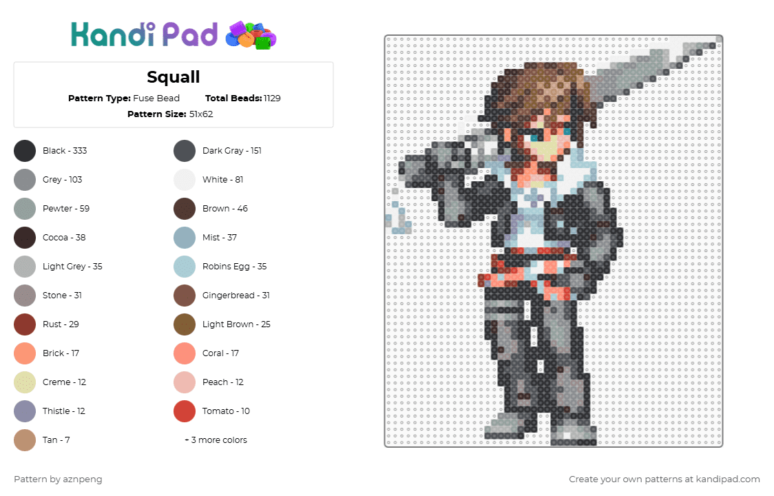 Squall - Fuse Bead Pattern by aznpeng on Kandi Pad - gray,brown,light blue