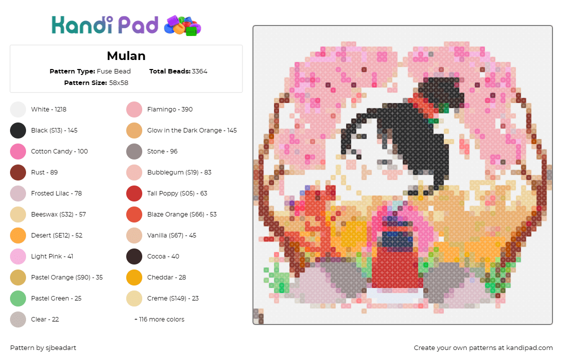 Mulan - Fuse Bead Pattern by sjbeadart on Kandi Pad - mulan,disney,cherry blossom,character,animation,movie,princess,ladnscape,scene,p