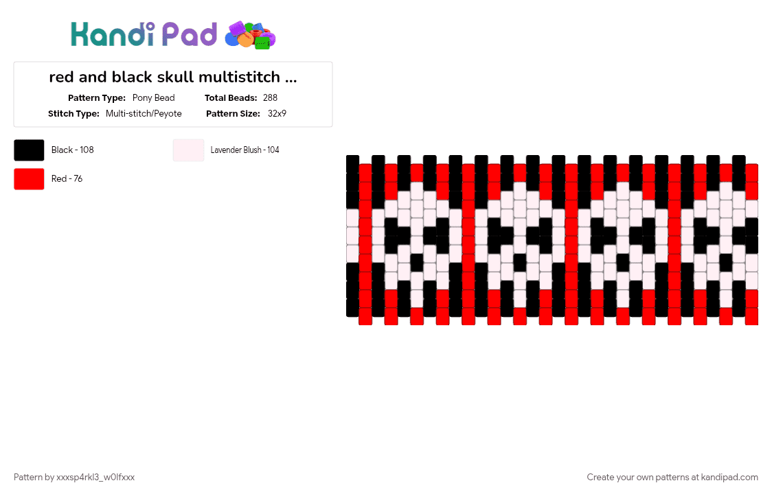 red and black skull multistitch cuff - Pony Bead Pattern by xxxsp4rkl3_w0lfxxx on Kandi Pad - alt, alternative, emo, punk, red, red and black, rock, skull, skullface, white