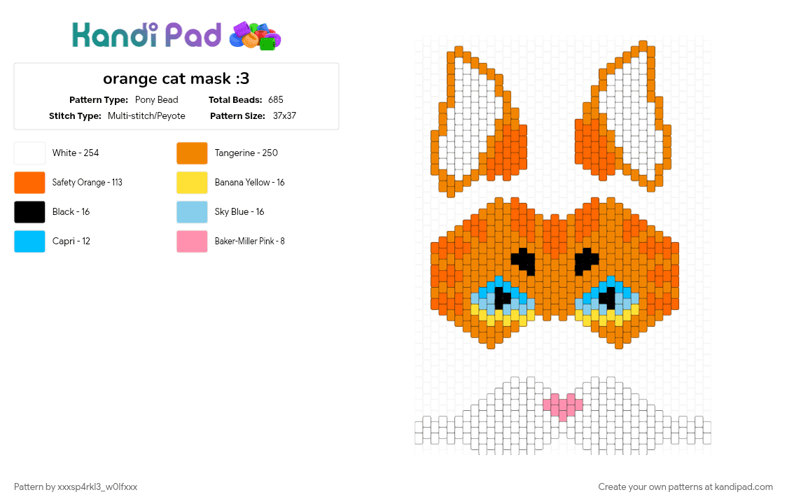 orange cat mask :3 - Pony Bead Pattern by xxxsp4rkl3_w0lfxxx on Kandi Pad - animal, cat, furry, fursona, mask, multistitch, orange, therian, therian mask