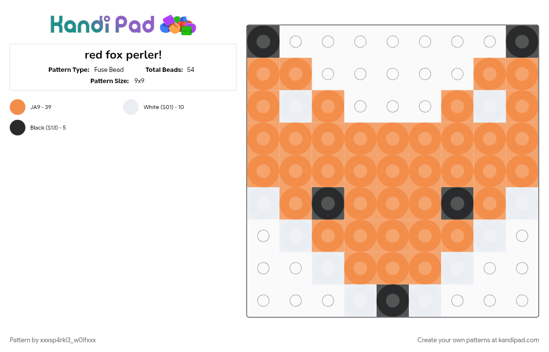 red fox perler! - Fuse Bead Pattern by xxxsp4rkl3_w0lfxxx on Kandi Pad - animal, cute, cutesy, fox, kawaii, mini perler, orange, perler, red fox