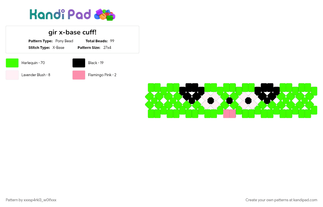 gir x-base cuff! - Pony Bead Pattern by xxxsp4rkl3_w0lfxxx on Kandi Pad - cartoon, character, emo, gir, green, invader zim, scene, tv show, zim