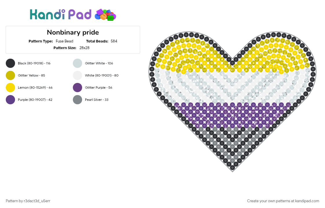 Nonbinary pride - Fuse Bead Pattern by r3dact3d_u5err on Kandi Pad - black outlines, heart, love, love is love, nonbinary, pride, pride flag, purple, purples, yellow