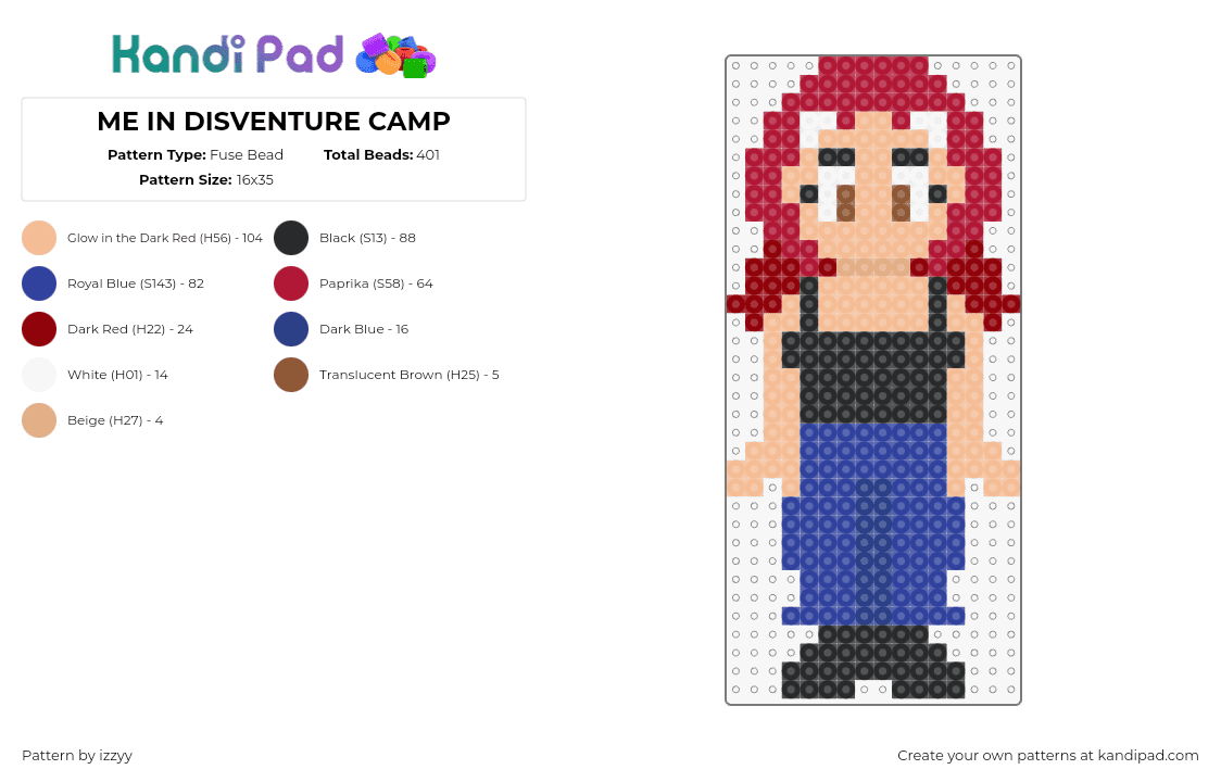 ME IN DISVENTURE CAMP - Fuse Bead Pattern by izzyy on Kandi Pad - disventure camp,character,animation,tv show,blue,red,tan