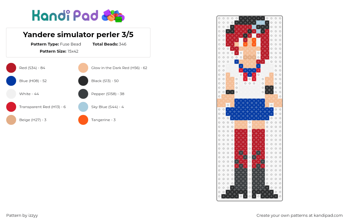 Yandere sim music club perler 3/5 - Fuse Bead Pattern by izzyy on Kandi Pad - miyuji shan,yandere simulator,character,video game,white,red