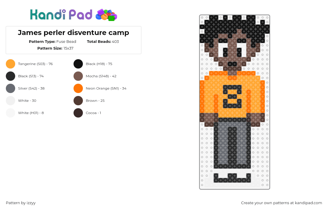 James perler disventure camp - Fuse Bead Pattern by izzyy on Kandi Pad - james,disventure camp,character,cartoon,tv show,total drama,gray,orange,brown