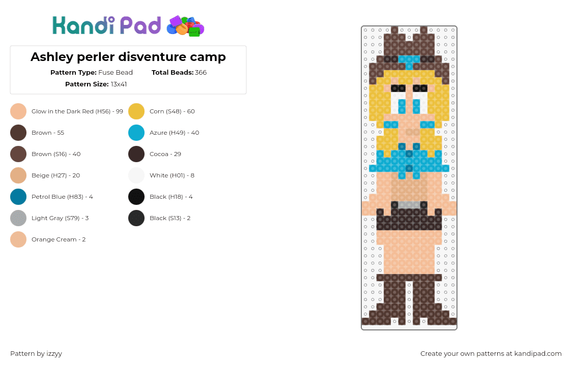 Ashley perler disventure camp - Fuse Bead Pattern by izzyy on Kandi Pad - ashley,disventure camp,character,cartoon,tv show,total drama,cowgirl,hat,blonde,tan,teal,brown