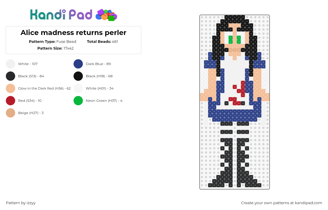 Alice madness returns perler - Fuse Bead Pattern by izzyy on Kandi Pad - alice in wonderland,madness returns,character,video game,trippy,spooky,black,blue,white