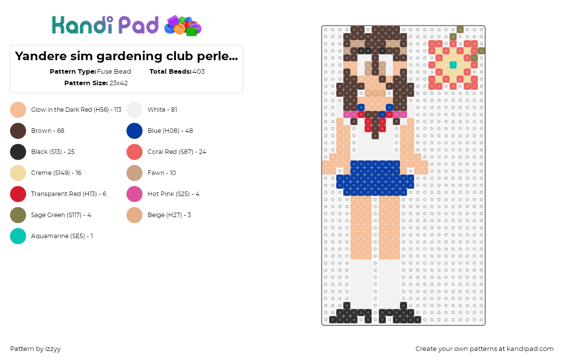 Yandere sim gardening club perler 1/5 - Fuse Bead Pattern by izzyy on Kandi Pad - yandere simulator,character,video game,white,tan