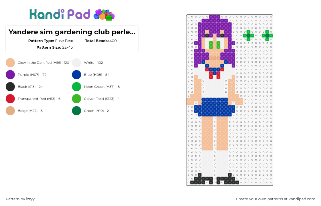 Yandere sim gardening club perler 5/5 - Fuse Bead Pattern by izzyy on Kandi Pad - yandere simulator,character,video game,white,purple,tan