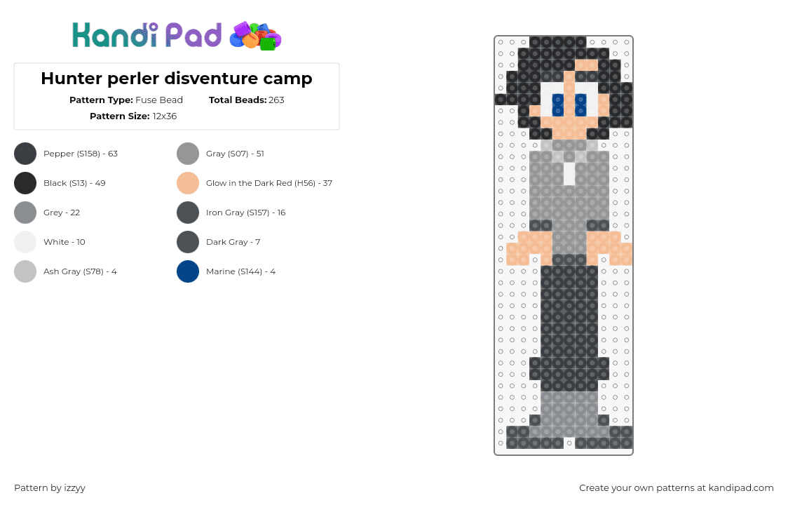 Hunter perler disventure camp - Fuse Bead Pattern by izzyy on Kandi Pad - hunter,disventure camp,character,cartoon,tv show,total drama,gray