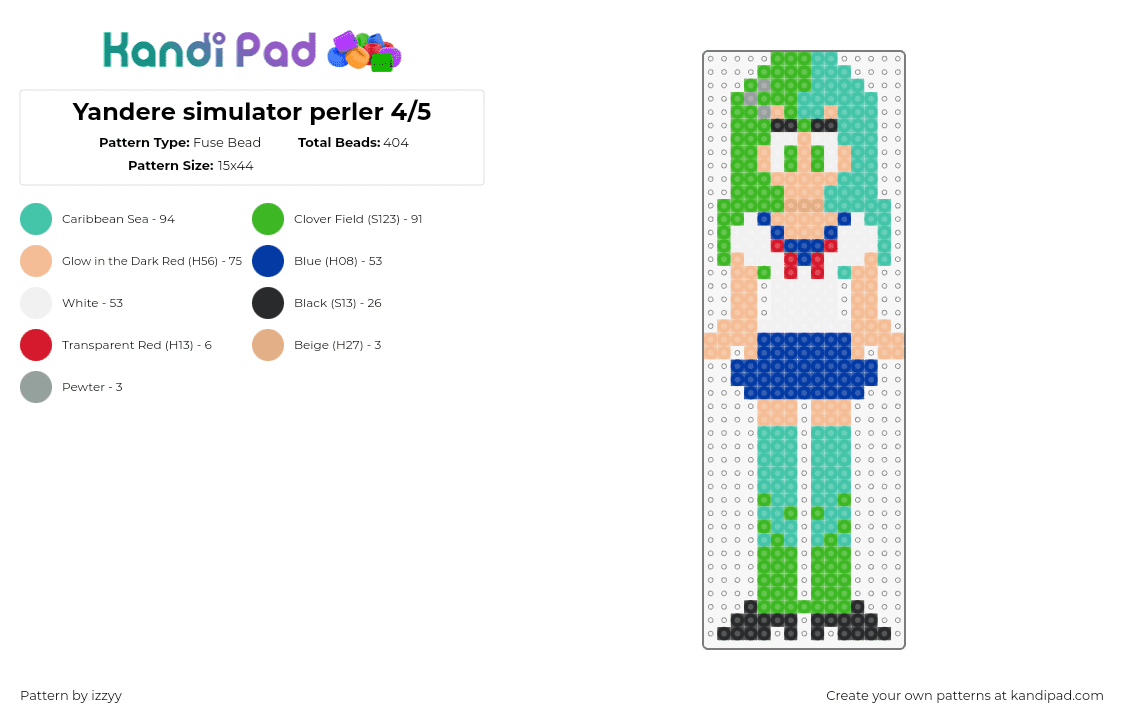 Yandere sim music club perler 4/5 - Fuse Bead Pattern by izzyy on Kandi Pad - midori,yandere simulator,character,video game,white,green,teal