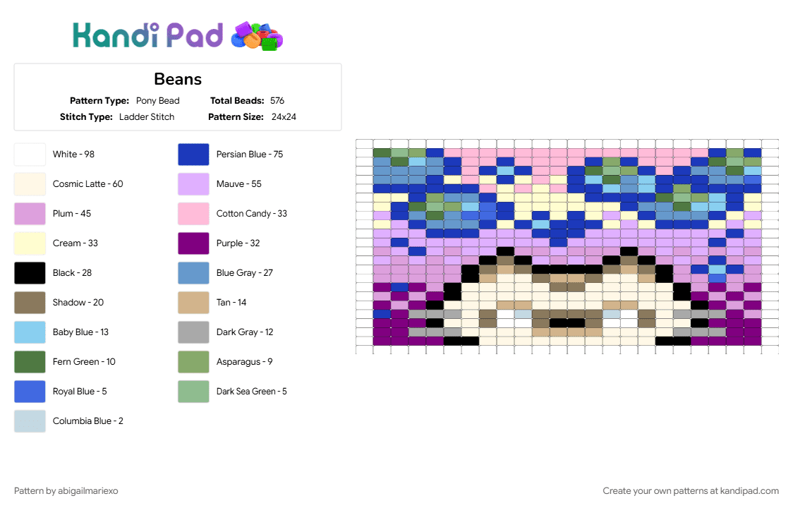 Beans - Pony Bead Pattern by abigailmariexo on Kandi Pad - light blue, pink, purple