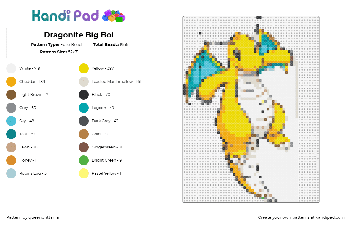 Dragonite Big Boi - Fuse Bead Pattern by queenbrittania on Kandi Pad - dragonite,pokemon,evolution,character,gaming,yellow,teal,white