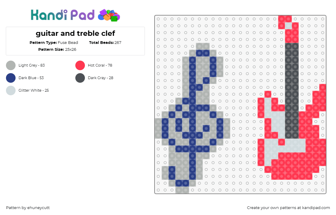 guitar and treble clef - Fuse Bead Pattern by ehuneycutt on Kandi Pad - guitar,treble clef,music,instrument,red,gray,blue