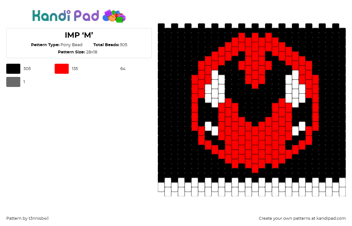 IMP ‘M’ - Pony Bead Pattern by t3nnisb4ll on Kandi Pad - imp,logo,hazbin hotel,tv show,animation,black,red