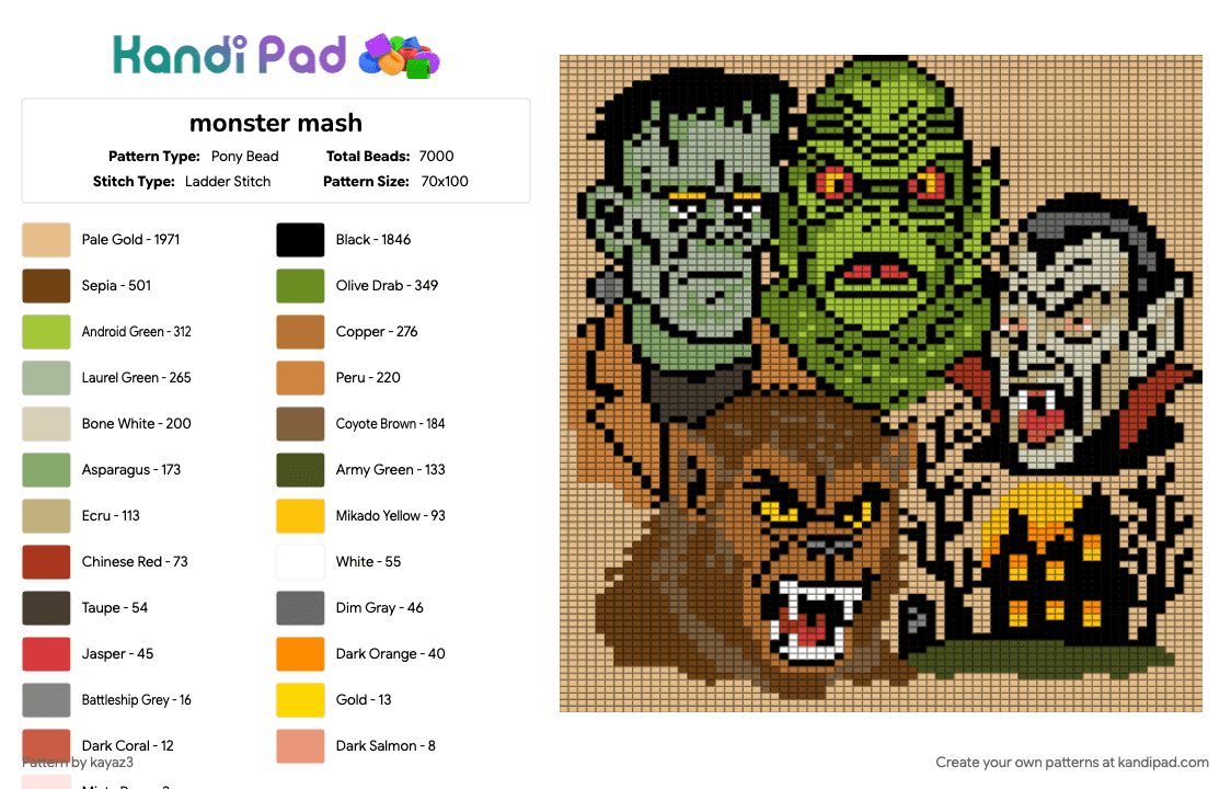 monster mash - Pony Bead Pattern by kayaz3 on Kandi Pad - beige, green, tan
