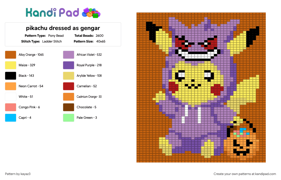 pikachu dressed as gengar - Pony Bead Pattern by kayaz3 on Kandi Pad - orange, pink, yellow