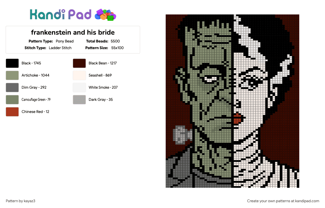 frankenstein and his bride - Pony Bead Pattern by kayaz3 on Kandi Pad - brown, gray