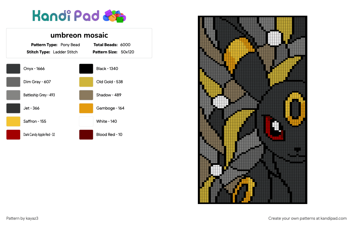 umbreon mosaic - Pony Bead Pattern by kayaz3 on Kandi Pad - black, gray, tan, yellow
