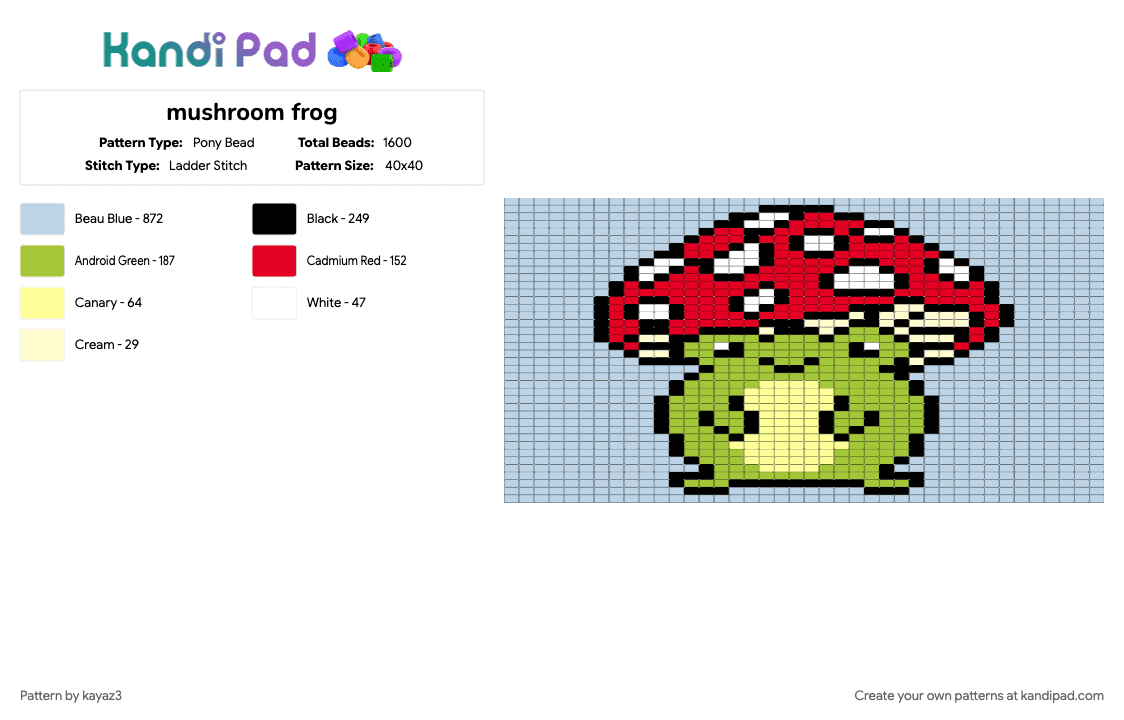 mushroom frog - Pony Bead Pattern by kayaz3 on Kandi Pad - green, red, white