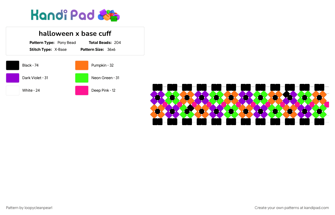 halloween x base cuff - Pony Bead Pattern by loopycleanpearl on Kandi Pad - green, orange, purple