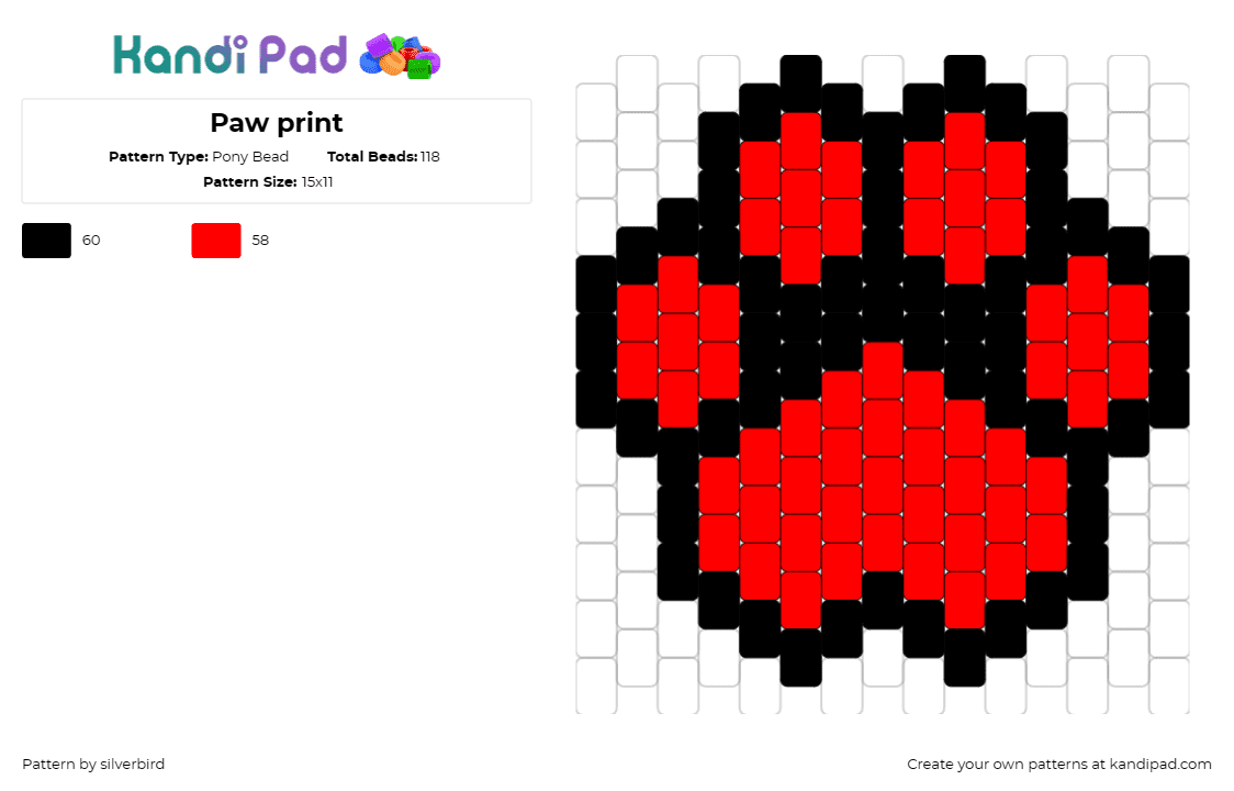 Paw print - Pony Bead Pattern by silverbird on Kandi Pad - paw print,animal,dog,cat,simple,red,black