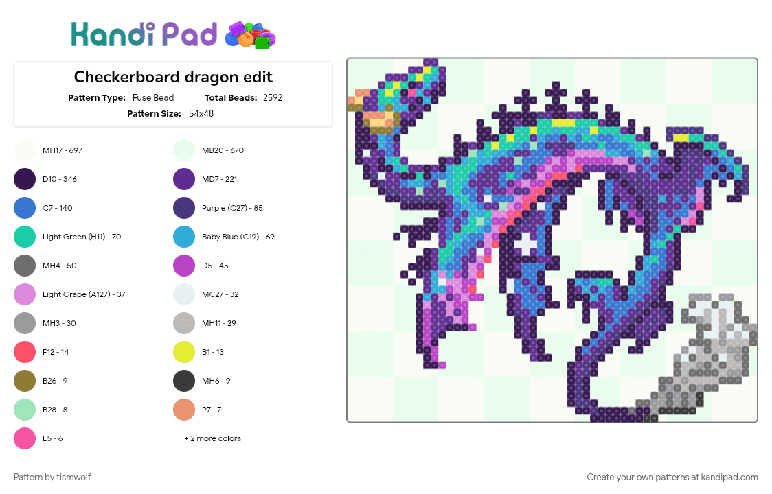 Checkerboard dragon edit - Fuse Bead Pattern by tismwolf on Kandi Pad - blue, purple, white