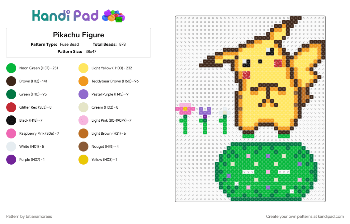 Pikachu Figure - Fuse Bead Pattern by tatianamoraes on Kandi Pad - brown, character, figure, figurine, gaming, green, nintendo, orange, pokemon, yellow
