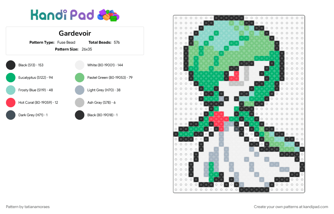 Gardevoir - Fuse Bead Pattern by tatianamoraes on Kandi Pad - green, light blue, pink, teal