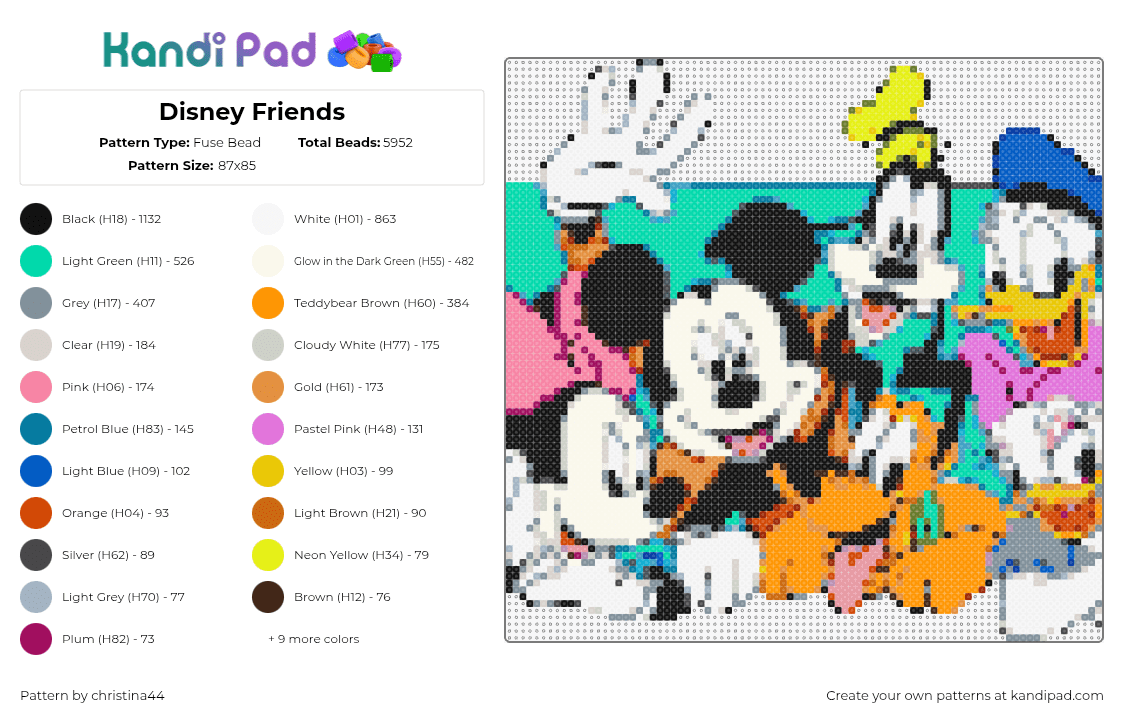 Disney Friends - Fuse Bead Pattern by christina44 on Kandi Pad - disney,mickey mouse,donald duck,pluto,goofy,colorful,panel,orange,teal,white