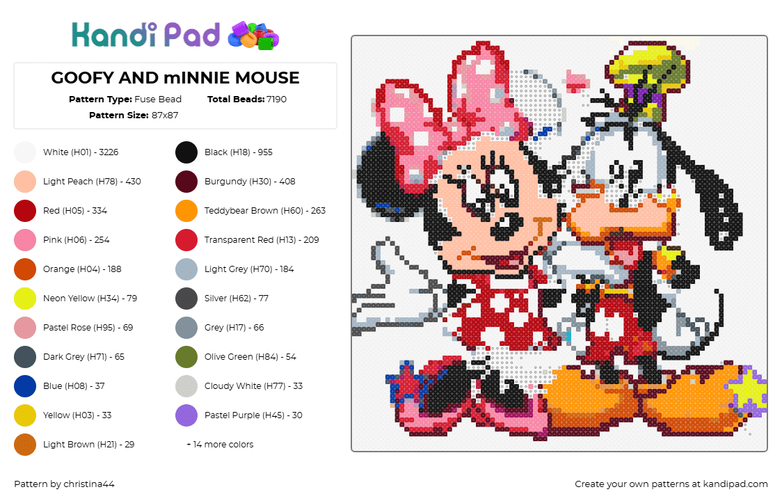 GOOFY AND mINNIE MOUSE - Fuse Bead Pattern by christina44 on Kandi Pad - minnie mouse,goofy,disney,characters,red,tan,black