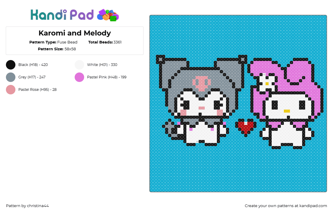 Karomi and Melody - Fuse Bead Pattern by christina44 on Kandi Pad - kuromi,my melody,sanrio,characters,cute,panel,blue,pink,white