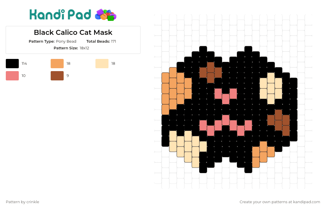 Black Calico Cat Mask - Pony Bead Pattern by crinkle on Kandi Pad - cat,calico,mask,animal,spots,black,brown,tan