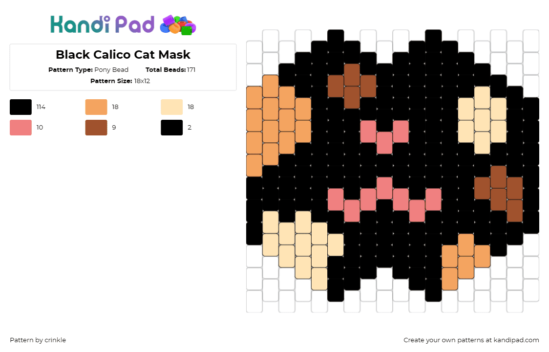 Black Calico Cat Mask - Pony Bead Pattern by crinkle on Kandi Pad - cat,calico,mask,animal,spots,black,brown,tan