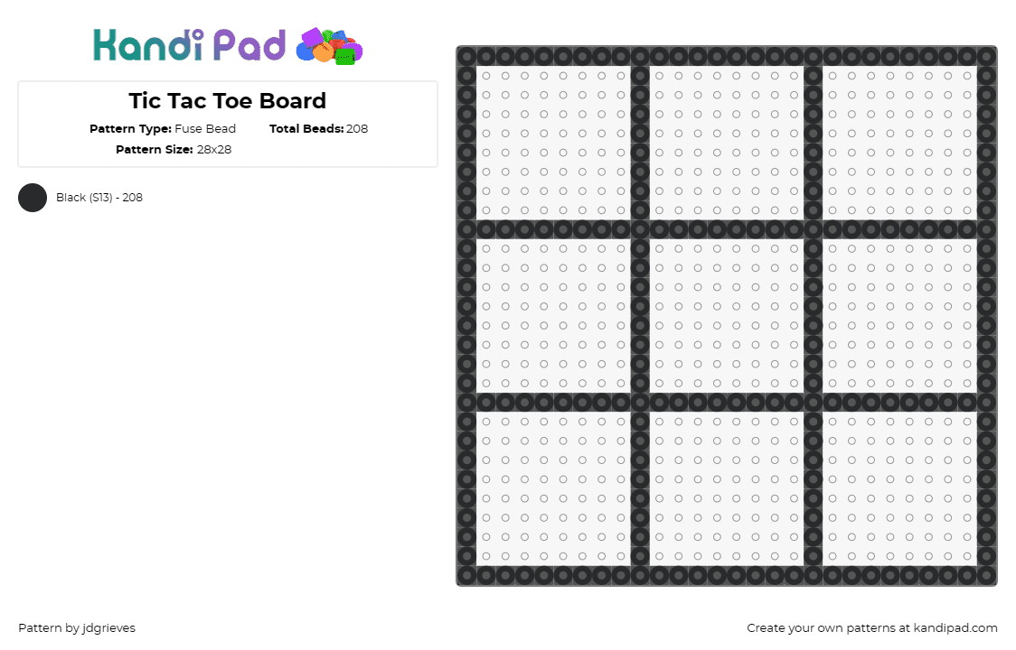 Tic Tac Toe Board - Fuse Bead Pattern by jdgrieves on Kandi Pad - grid,tic tac toe,outline,game,classic,simple