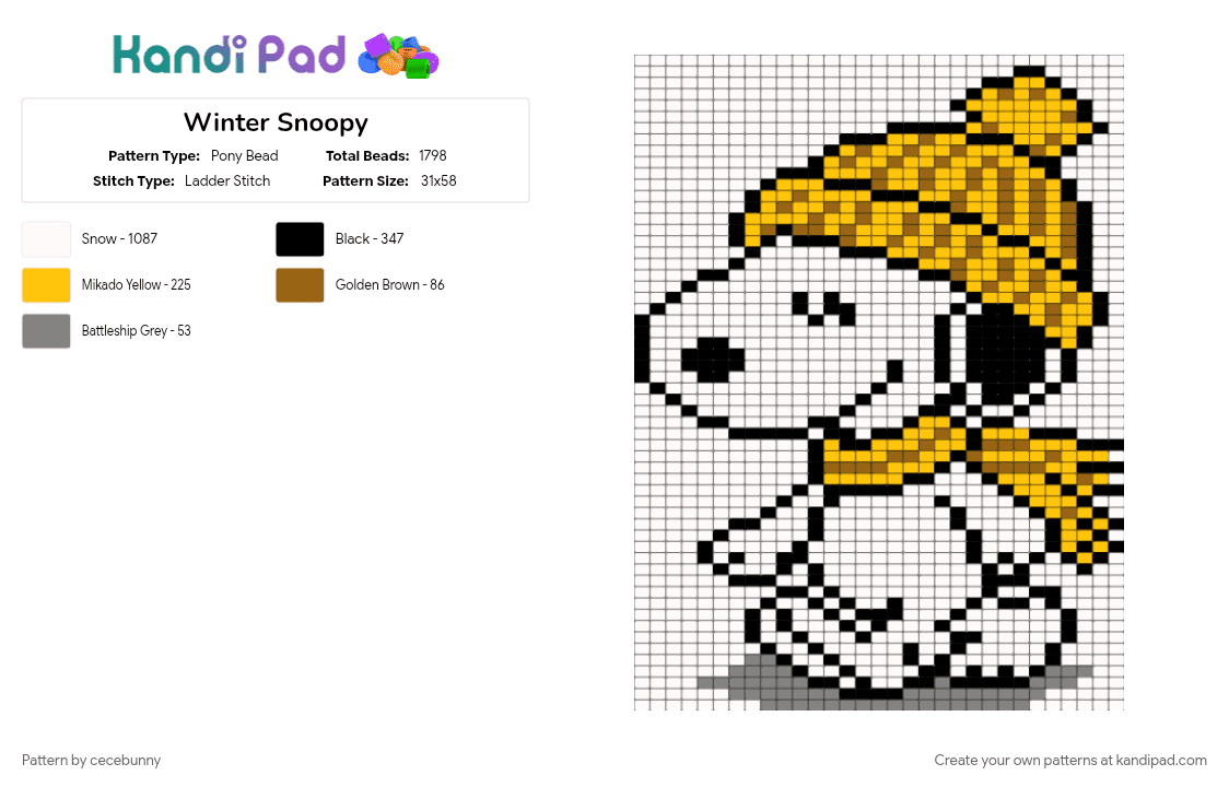 Winter Snoopy - Pony Bead Pattern by cecebunny on Kandi Pad - christmas, peanuts, snoopy, snoopy peanuts, snoopy winter, thepeanuts, white, winter, yellow