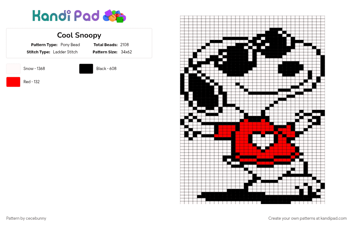 Cool Snoopy - Pony Bead Pattern by cecebunny on Kandi Pad - cool, iconic, peanuts, snoopy, snoopy peanuts, thepeanuts, white