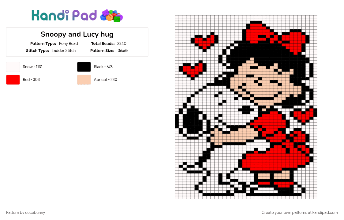 Snoopy and Lucy hug - Pony Bead Pattern by cecebunny on Kandi Pad - beige, lucy, lucy peanuts, peanuts, red, snoopy, snoopy peanuts, valentine, valentines, valentines day, white